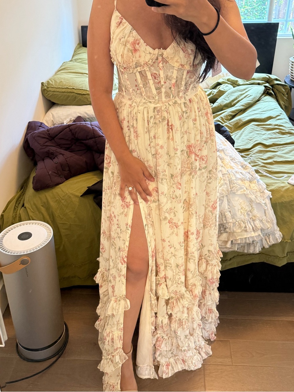 V. Chapman Cream Floral Ruffle Maxi Dress with Pink Accents